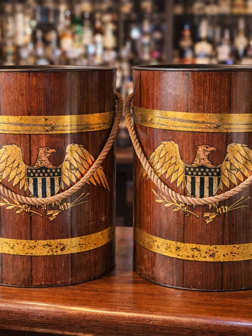 Pair Vintage 1969 Patriotic Eagle Metal Insulated Ice Buckets Coolers Barware US